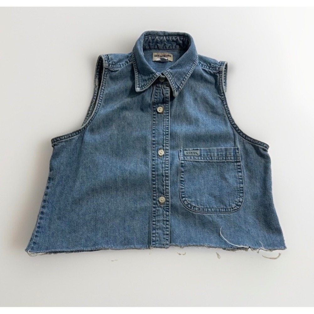 Vintage Guess Jeans Sleeveless Denim Shirt Medium Wash Cropped Raw Hem USA Small